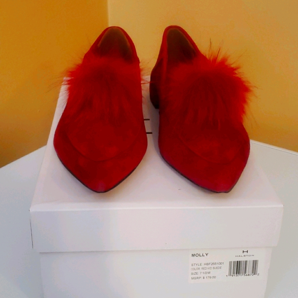 H Halston red suede loafers
